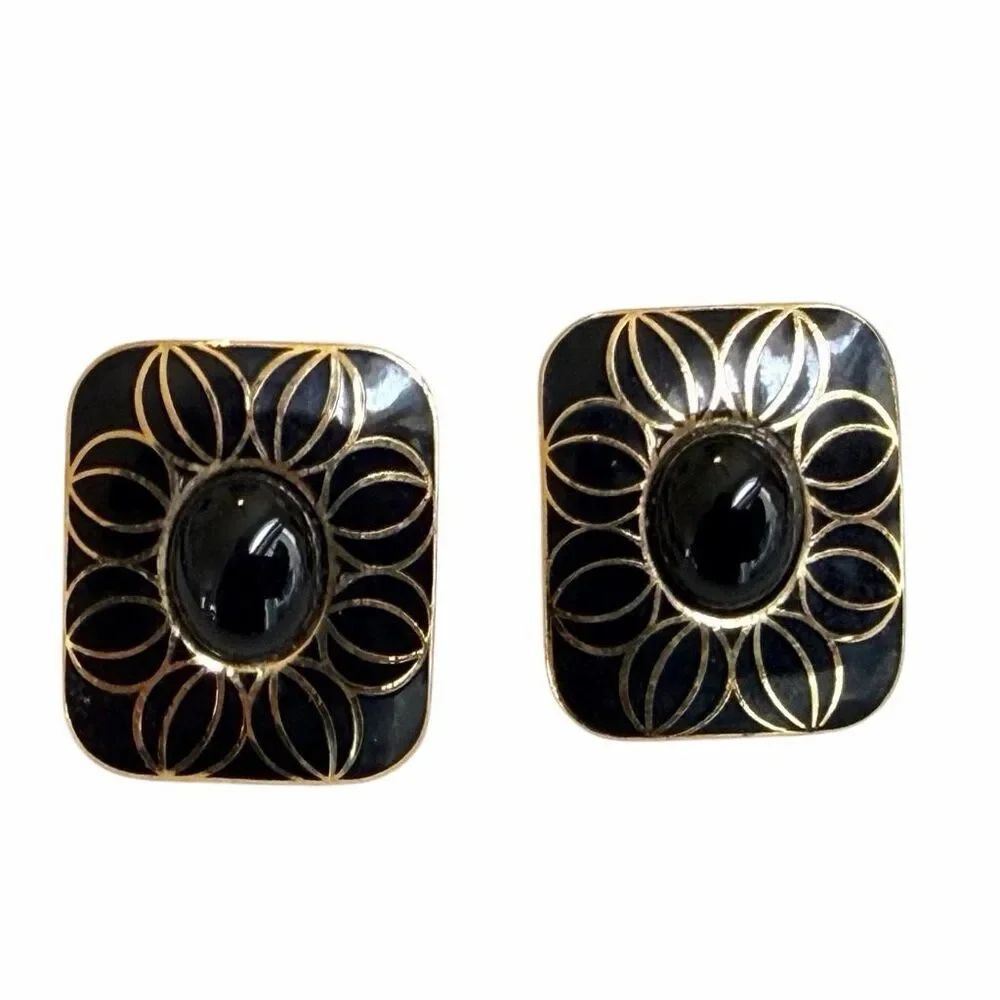 Mona So Black Enamel Gold Tone Earrings